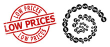 Dollar Price Icon Spiral Twirl Collagewith Low Prices Dirty Stamp Seal. Dollar Price Icons Are Organized Into Twist Vector Illustration. Red Stamp Seal Has Low Prices Caption Inside Round Shape.