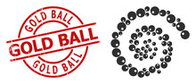 Ball Icon Spiral Cycle Composition, And GOLD BALL Grunge Stamp. Ball Icons Are Composed Into Twist Vector Illustration. Red Stamp Seal Has Gold Ball Title Inside Round Template.