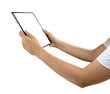 © runrun2 - Side view of hand holding a mockup tablet with blank screen isolated on white