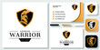 Spartan Shield Warrior Armor Gold Protection Greek Helmet Logo Design with Business Card Template