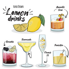 Wall Mural - Set of Lemon Cocktail Illustration. Amaretto sour, bramble, barracuda, french 75 and penicillin Drinks