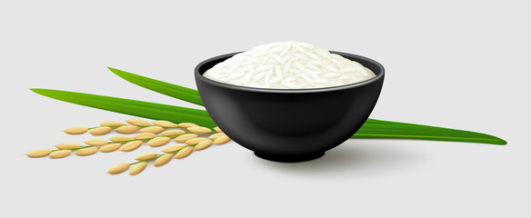 White long grain rice in a black bowl, ripe paddy ear with green leaves. Side view. Realistic vector illustration. Gray background.