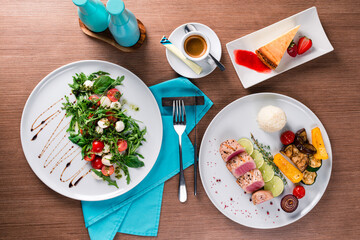 Sticker - Food. Set of dishes on the table. On a wooden background. Top view. Copy space.