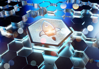 Sticker - Spaceship icon innovation concept engraved on metal hexagonal pedestral background. Rocket startup logo glowing on abstract digital surface. 3d rendering