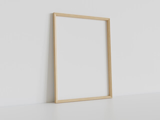 Wooden frame leaning on white floor in interior mockup. Template of a picture framed on a wall 3D rendering