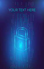 Neon virtual lock on the one of the data stream. Vector illustration on the topic of cybersecurity. Template for a vertical banner or poster.