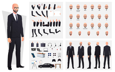 Bald Man Wearing Suit and Glasses Character Creation Set with Hand Gestures, Emotions and mouth Animation Premium Vector