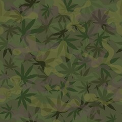 Camouflage vector pattern, cannabis leaves, seamless trendy background.