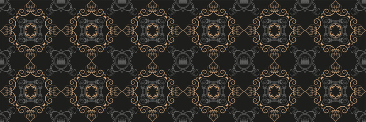 Wall Mural - Dark background pattern with ornate gold ornaments on black background for your design. Seamless background for wallpaper, textures. Vector illustration.