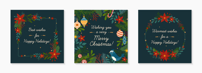 Wall Mural - Set of Christmas and Happy New Year greeting banners templates.Festive vector layouts with hand drawn traditional winter holiday symbols.Xmas trendy designs for banners,invitations,prints,social media