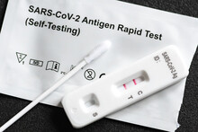 Positive Covid-19 Antigen Test Kit, One Step Coronavirus Antigen Rapid Test, Saliva Swab, 1 Test Box With Imagine Of Lungs, Close Up
