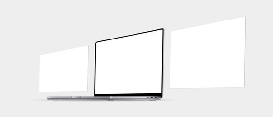 Wall Mural - Laptop Mockup with Blank Wireframing Web Pages, Side Perspective View. Concept for Showcasing Screenshots of Web-Sites. Vector Illustration