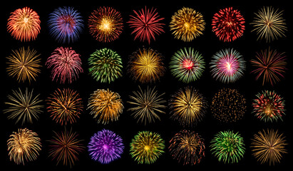 Collection Set Amazing Beautiful firework isolated on black background for celebration anniversary merry christmas eve and happy new year