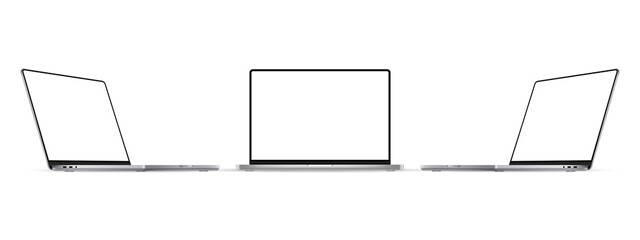 Modern Silver Laptops Mockups with Blank Screens, Front and Side View, Isolated on White Background. Vector Illustration