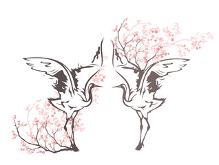  japanese crane standing among sakura blossom branches - elegant asian bird spring season vector design set