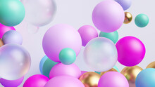 3d Rendering, Abstract Minimal Background With Pastel Pink Mint Gold And Glass Balls Stuck Together, Assorted Mixed Particles Macro