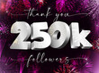 Thank you 250 000 web followers creative concept. Bright festive thanks for 250.000 networking likes. 250k subscribers shining silver sign. 3D luxury digits. Abstract isolated graphic design template.