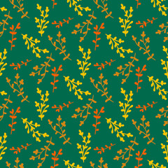  Seamless pattern with orange and yellow branches on cold green background. Vector image.