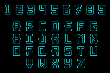 Modern outline contour letters. Simple line art alphabet abs characters with blue thin line. Hi technology design numbers and uppercase typefaces