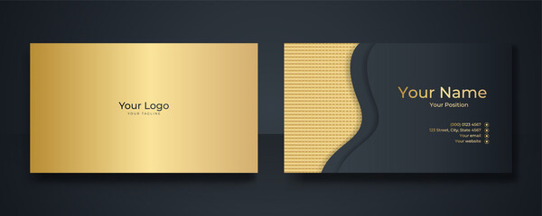 Sticker - Modern Business Card - Creative and Clean Business Card Template. Luxury business card design template. Elegant dark back background with abstract golden wavy shapes lines shiny. Vector illustration