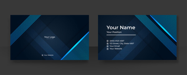 Modern blue business card design template. Creative and clean minimalist style. Luxury business card design template. Elegant dark back background with abstract wavy lines shiny. Vector illustration