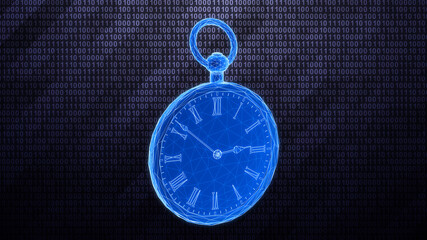 Three-dimensional pocket watch on dark binary background. 3D illustration.