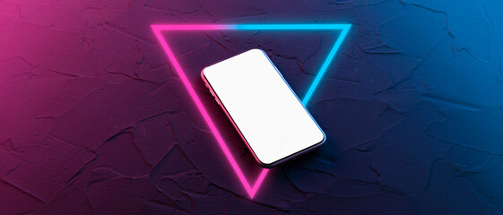 Abstract neon square with glowing lines. Design element for your ad. Smartphone frame less blank screen. Mockup generic device.Template for infographics or presentation.UI UX design interface