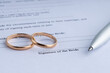marriage contract form of prenuptial agreement with a pair of wedding rings