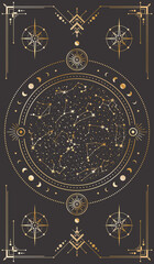 Wall Mural - Vector golden celestial background with ornate outline geometric frame, magical circle with stars, zodiac constellations, moon phases and concentric circles. Occult linear banner. Tarot cards cover