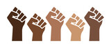 Fototapeta Zachód słońca - Black Lives Matter power pride fists, black history month, brown skin isolated, prejudice discrimination activism vector illustration, african american, people of color, graphic clip art.