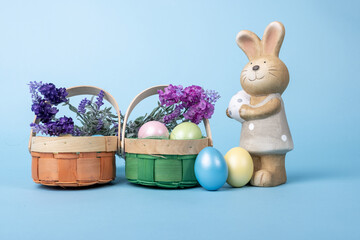 Wall Mural - Closeup of the Easter Bunny and  many colorful eggs on a blue background