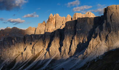 Poster - Panoramic view of the mountain peaks during sunset. The Dolomite Alps, Italy. Natural scenery in the highlands. Large resolution photo.