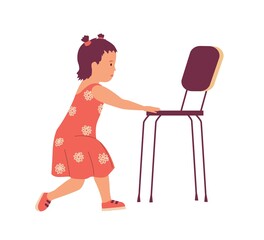 Cartoon little girl with chair. Baby learning to walk. Kid doing exercise with armchair. Child standing near home furniture. Toddler growing step. Vector young daughter in colorful dress