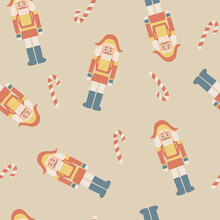 Christmas And New Year Seamless Pattern With Nutcrackers And Lollipop. Seasonal Design For Gift Wrap, Fabric, Cards, Invitation, Kids, Banner, Poster.