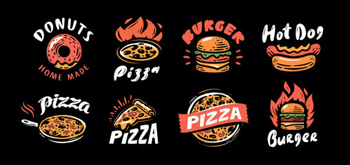 Wall Mural - Food label set. Badges for restaurant or cafe menu. Pizza, burger, hot dog, donut