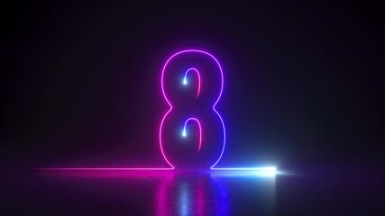 Sticker - 3d animation, neon countdown from ten to one, neon numbers glowing in ultraviolet light