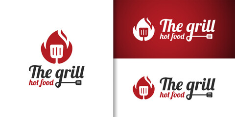 fire the grilled BBQ logo. barbecue or barbeque hot grill restaurant menu business food logo design