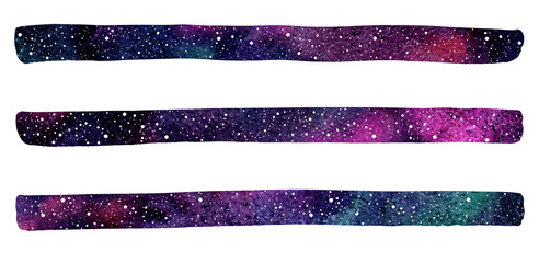 Wall Mural - Cosmic, cosmos watercolor long stripes set. Elongated streaks, banner shapes, text frames, starry borders, thin backgrounds. Colorful watercolour galaxy or night sky with star hand drawn illustrations