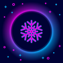 Poster - Glowing neon line Snowflake icon isolated on black background. Colorful outline concept. Vector