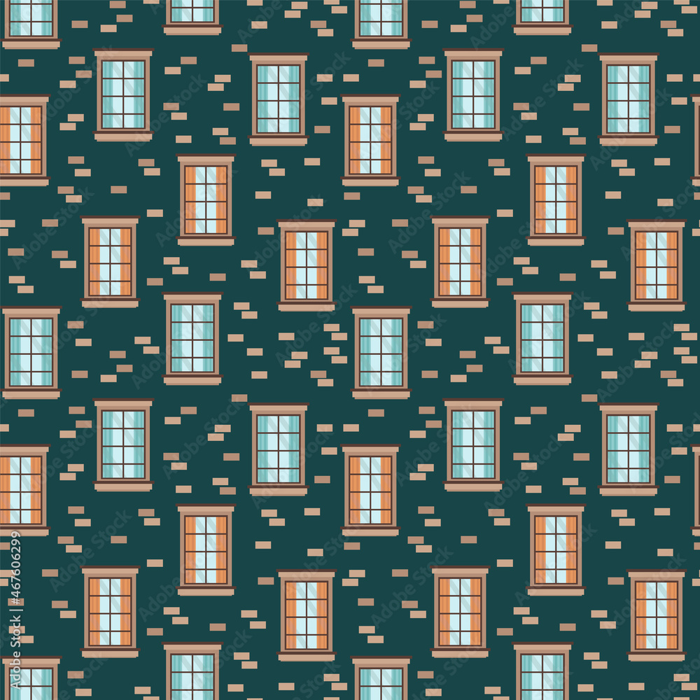 Cartoon pattern design exterior walls of the house with windows ...