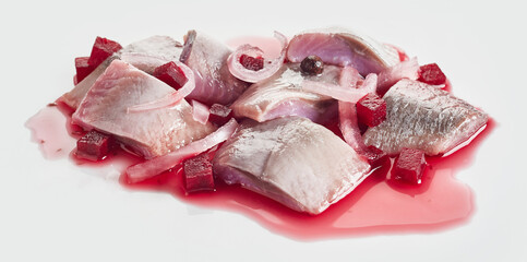 Wall Mural - Salad made of herring fish and beetroot served on a white table