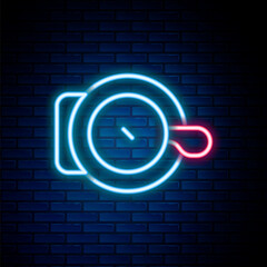 Wall Mural - Glowing neon line Bicycle bell icon isolated on brick wall background. Colorful outline concept. Vector