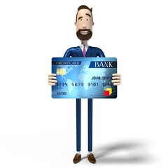 Sticker - Handsome cartoon businessman holding credit card, white background - 3D illustration