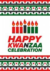 Kwanzaa Happy Celebration. African and African-American culture holiday. Seven days festival, celebrate annual from December 26 to January 1. Black history. Poster, card, banner and background. Vector