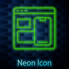 Glowing neon line Software, web developer programming code icon isolated on brick wall background. Javascript computer script random parts of program code. Vector