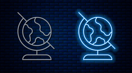 Poster - Glowing neon line Earth globe icon isolated on brick wall background. Vector