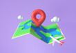 3D World Map icon with pin and airplane, travel concept. GPS navigator pin checking points. 3d render illustration