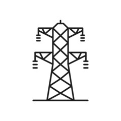 Lattice tower and overhead power line isolated thin line icon. Vector two phase transmission towers power lines outline sign. Electricity pylon structure, steel lattice tower to support power line