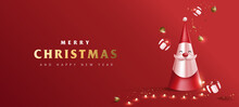 Merry Christmas Banner Decorate With Santa Claus And Gift Box Fairy Light On Red Background