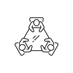 Poster - Discussion and brainstorm, people sitting at round table on chairs isolated thin line icon. Vector business chat conference, meeting and team communication, group of recruitment managers talking